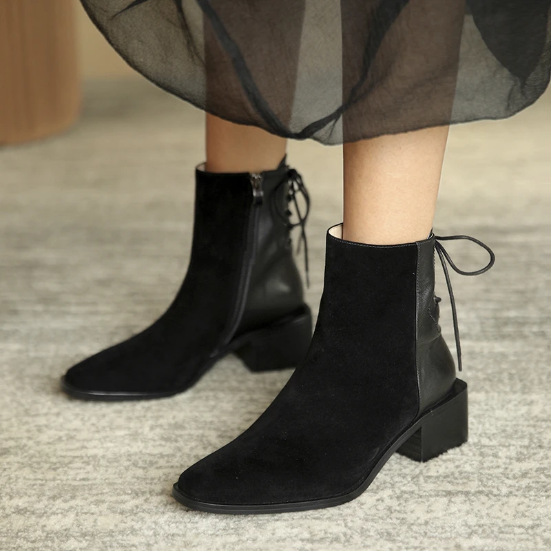 

VERCONAS Autumn Winter New Women Ankle Boots Kid Suede Cross-Tied Shoes Woman Concise Thick Heels Office Lady Side Zipper Boots