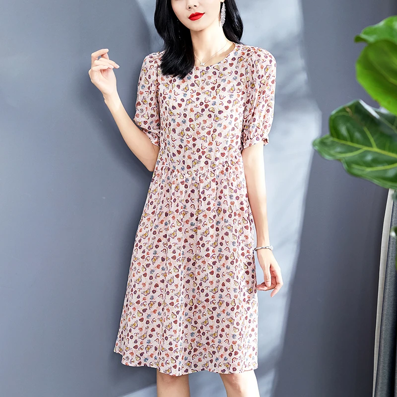 100% Natural Real Silk Summer Dresses For Women 2023 Elegant O-neck Short Sleeve High Waist Loose Lady A-line Print Dress Casual