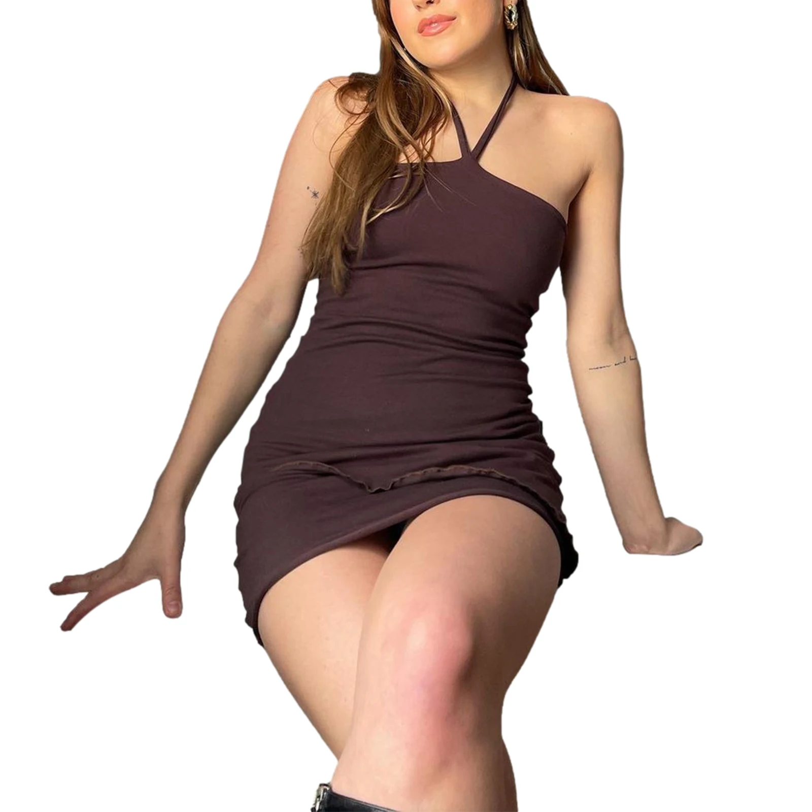 

Women Close-fitting Solid Color Dress Halter Neck Summer Sleeveless Sexy Bodycon Dress Hot Outfits