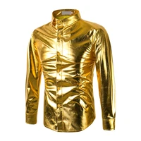 metallic glossy long sleeved shirt gilded casual shirt show night club bar male shirt ropa de hombre 2020 mens dress shirts