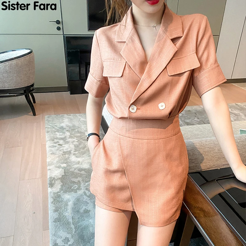 Sister Fara New Summer Single Breasted Short Blazers Woman Set+High Waist Side Zipper Shorts Skirts Office Lady 2 Pieces Set