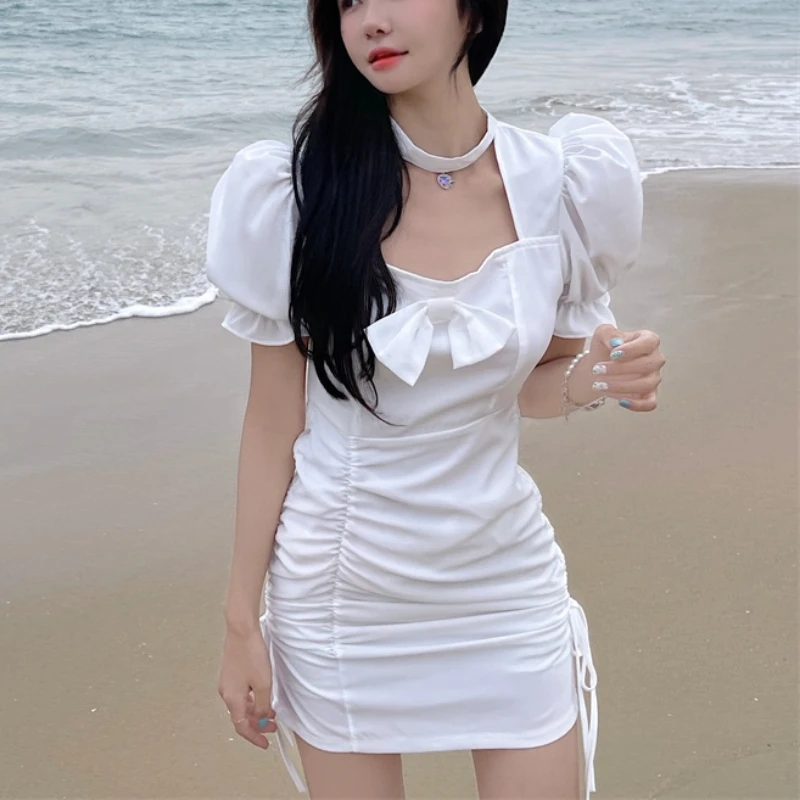 

Summer New Elegant Fairy Dress Women Designer Sweet Puff Sleeve Kawaii Dress Female Chiffon Casual Holiday Party Maid Mini Dress