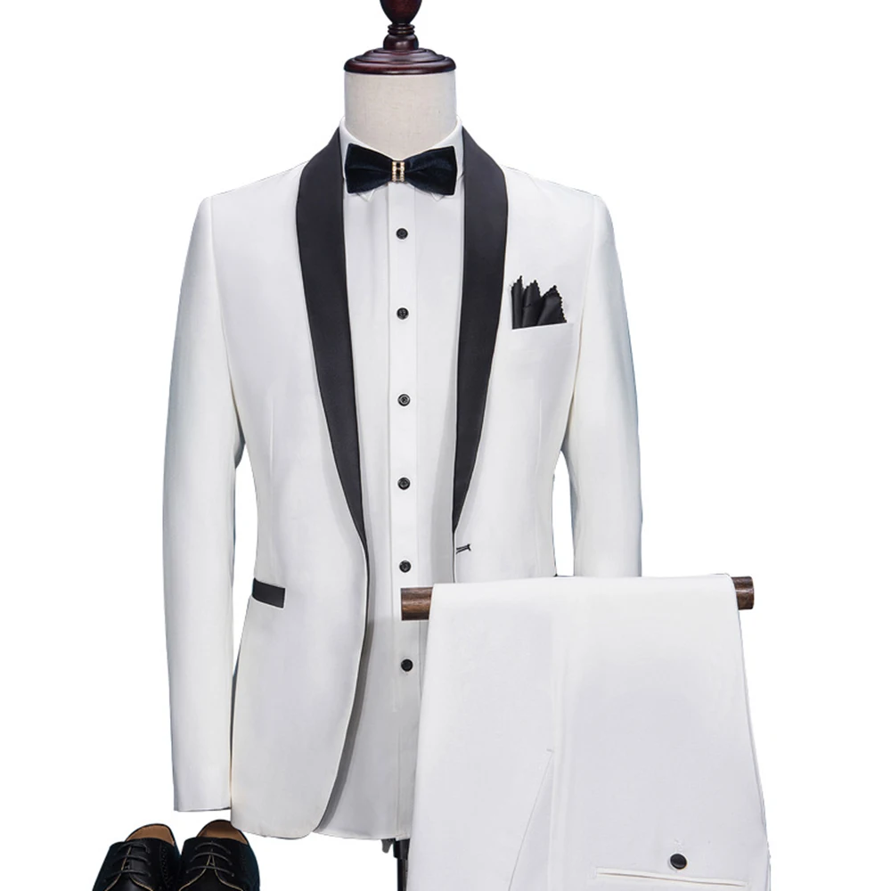 

White Wedding Suit Groom Tuxedos Pants Set Groomsman Slim Fit Blazer Male Tuxedo Suits Prom Suit 2pcs Formal Dress Plus Size