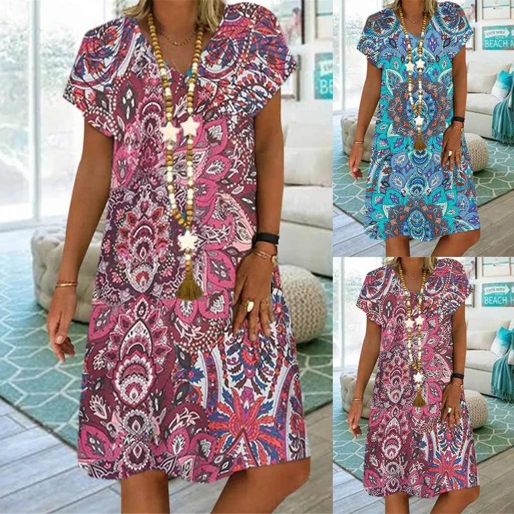 

Women Summer Dress v-neck floral Print Loose Short Sleeve knee-length Dress for 2020 fashion ladies dress Vestidos