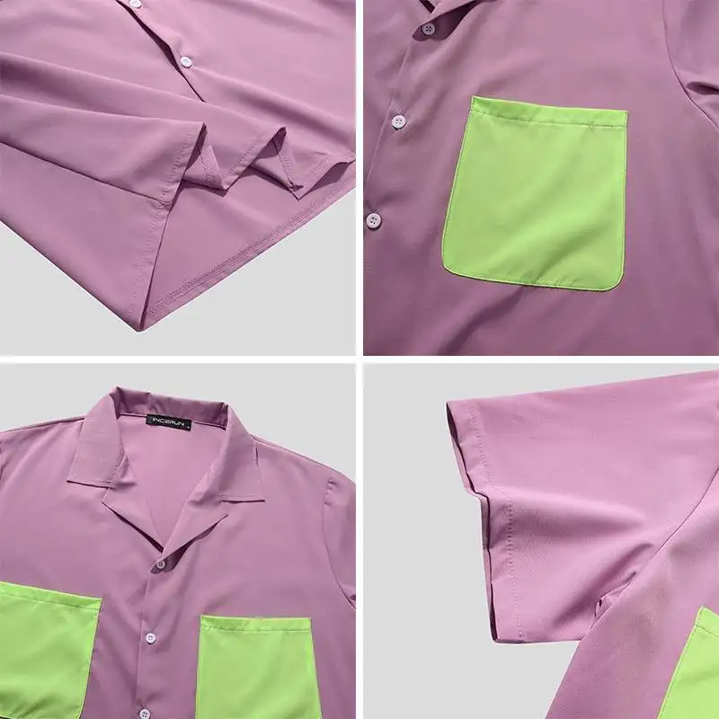

2021 Men Patchwork Shirt Lapel Short Sleeve Streetwear Casual Camisa Personality Summer Pockets Fashion Tops Men Clothes INCERUN