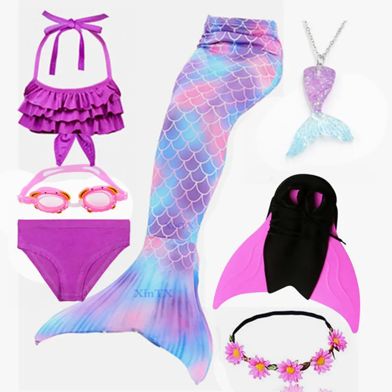

HOT Kids Girls Mermaid Tails With Fin Swimsuit Bikini Bathing Suit Dress Add Monofin Goggle With Garland Swimmable Costume