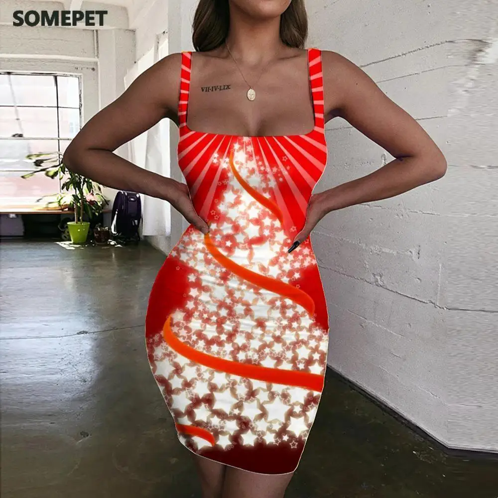 Женское рождественское платье с лямкой на шее без рукавов|Женские платья| |