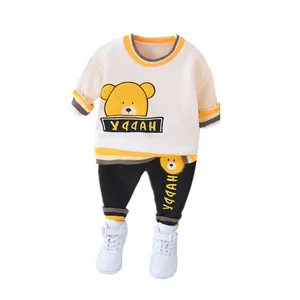 Осенне-зимний детский костюм, Вельветовая футболка с надписью медвежонка, штаны, 2 шт.компл.