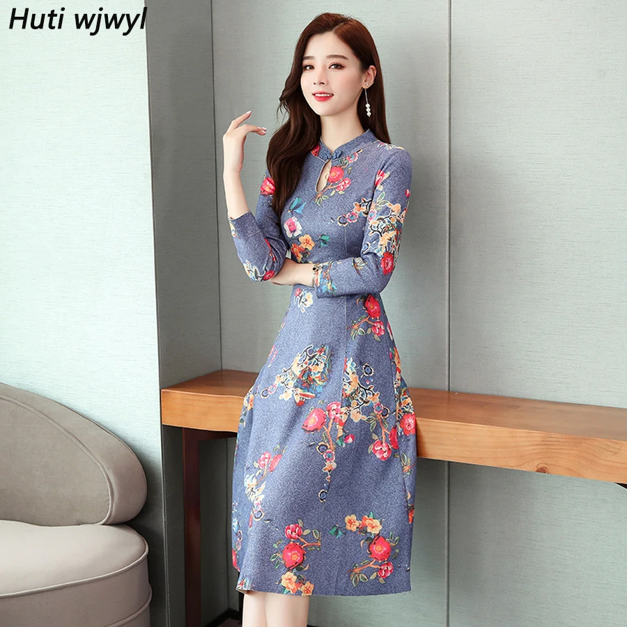 Винтажное синее платье средней длины в китайском стиле осенне-зимнее размера