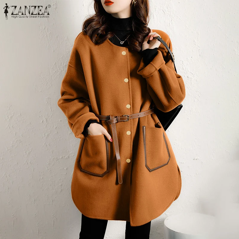 

2022 Autumn Kaftan Women Wool Blends Coats Jackets ZANZEA Spring Warm Long Sleeve Outwears Oversized Casual Solid Coats Jackets