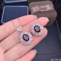 fine jewelry 925 pure silver inset with natural gem womens luxury classic flower garnet pendant adjustable ring set support det