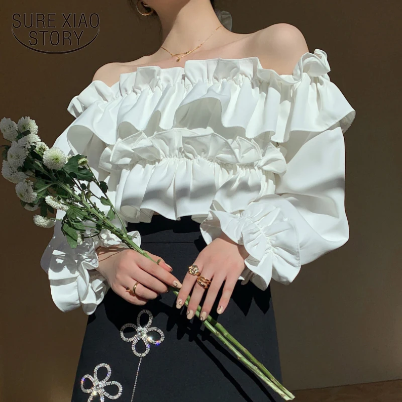 

Autumn Women Off The Shoulder Long Sleeve Shirt Slash Neck Solid Ruffle Chiffon Shirt Sweet Casual Puff Sleeve Tops Blusas 15670