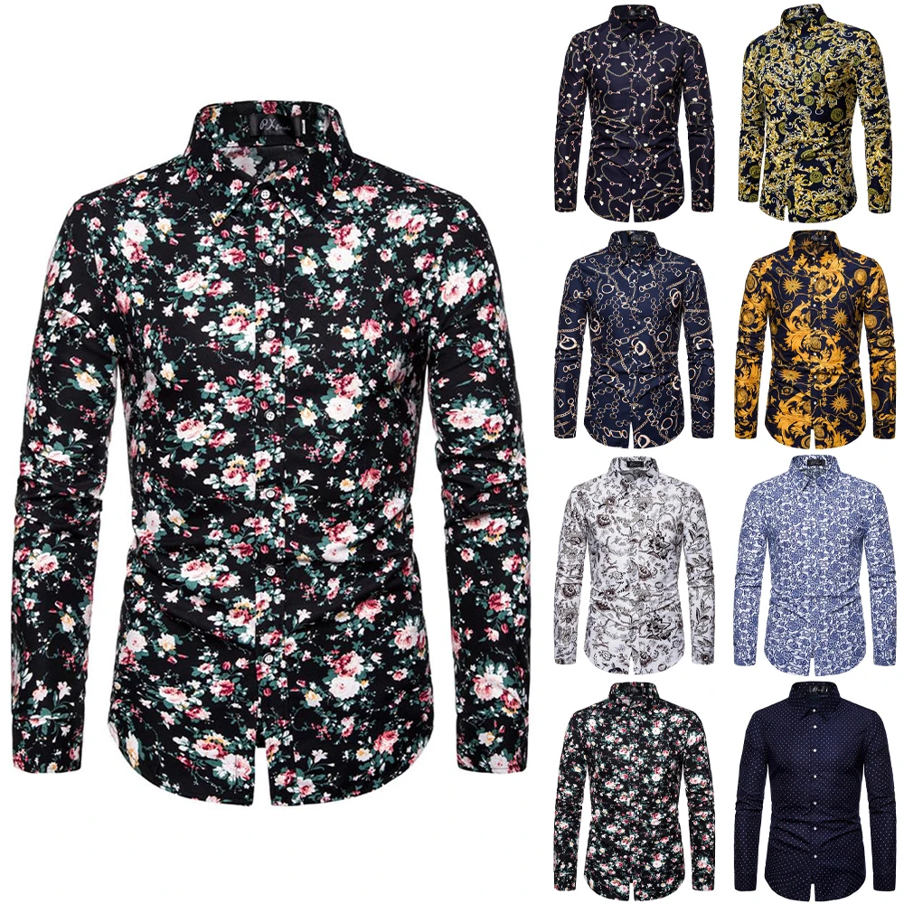 

Floral Blouses Long Sleeve Slim Fit Shirt Business Casual Turn Down Collar Simple Breasted Shirts Plus Size Tops Mens Clothing