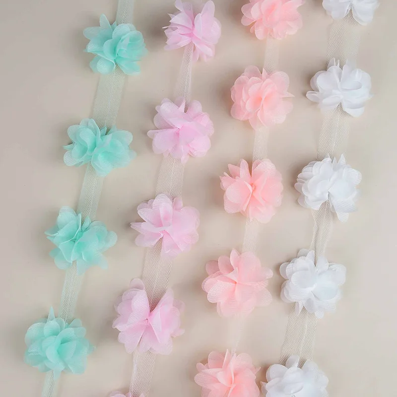 2Yards Width 2.5cm 3D Flower Head 4.5-5.5cm Chiffon Fabric Lace Ribbons DIY Wedding Dress Bridal Trim Home Sewing Supplies