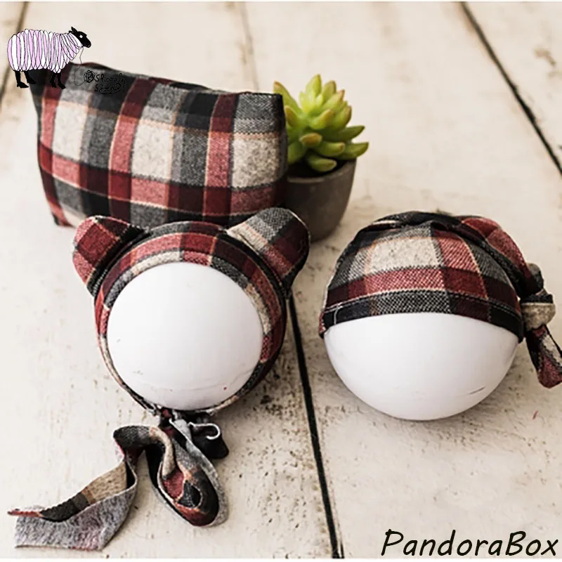 

3Pc/Set Newborn Girl Boys Plaid Hat Photography Props Infant Baby Christmas Photo Shoots Posing Pillow Hat Outfits foto Shooting