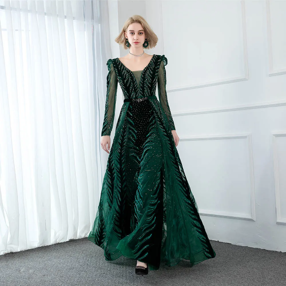 Бархатные вечерние платья YQLNNE 2020 от кутюр с изумрудами длинным рукавом и v