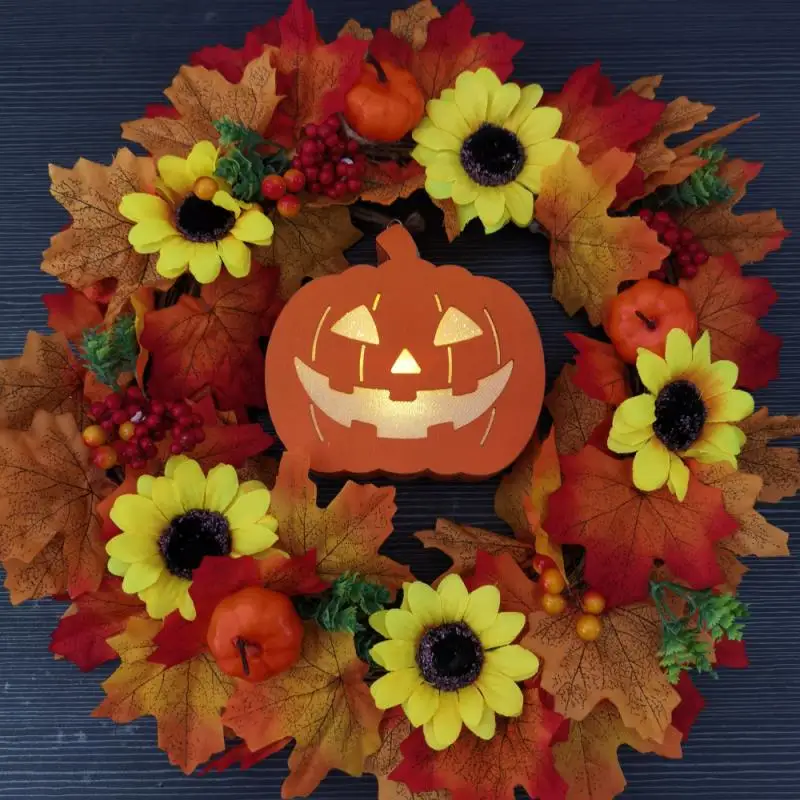 

Halloween Wreath Pumpkin Wreath With LED Lights Autumn Maple Sunflowers For Front Door Ornaments Garden Halloween Decoration