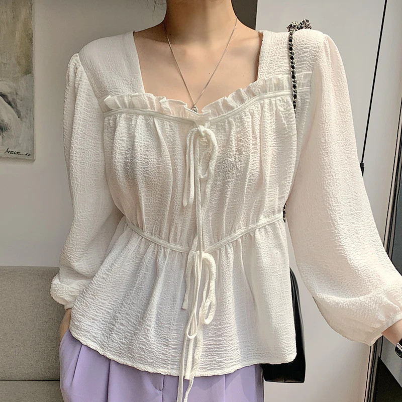 

Korejpaa Women Shirt 2021 Autumn Korean Chic Gentle Sweet Square Collar Wooden Ear Stitching Bow Tie Design Long-Sleeved Blouses