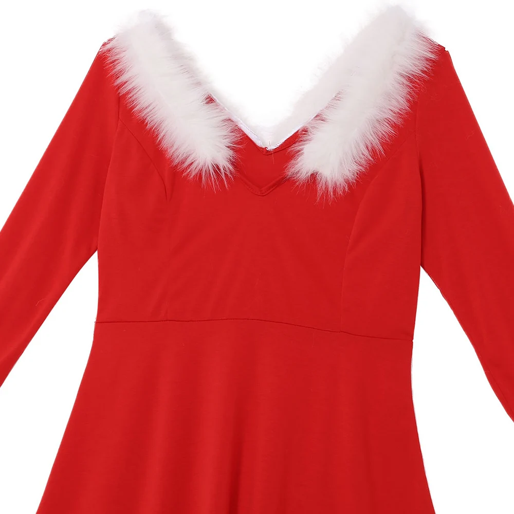 

Women Mrs Santa Claus Xmas Party Costume Christmas Fancy Dress V-neck Long Sleeves Faux Fur Trimmed High-low Hemline Midi Dress