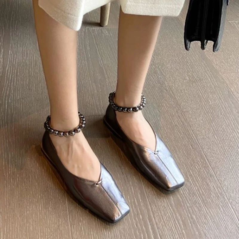 

RIZABINA 2021 High Quality Women Real Leather Flats Square Toe String Bead Solid Color Summer Fashion Female Footwear Size 34-40