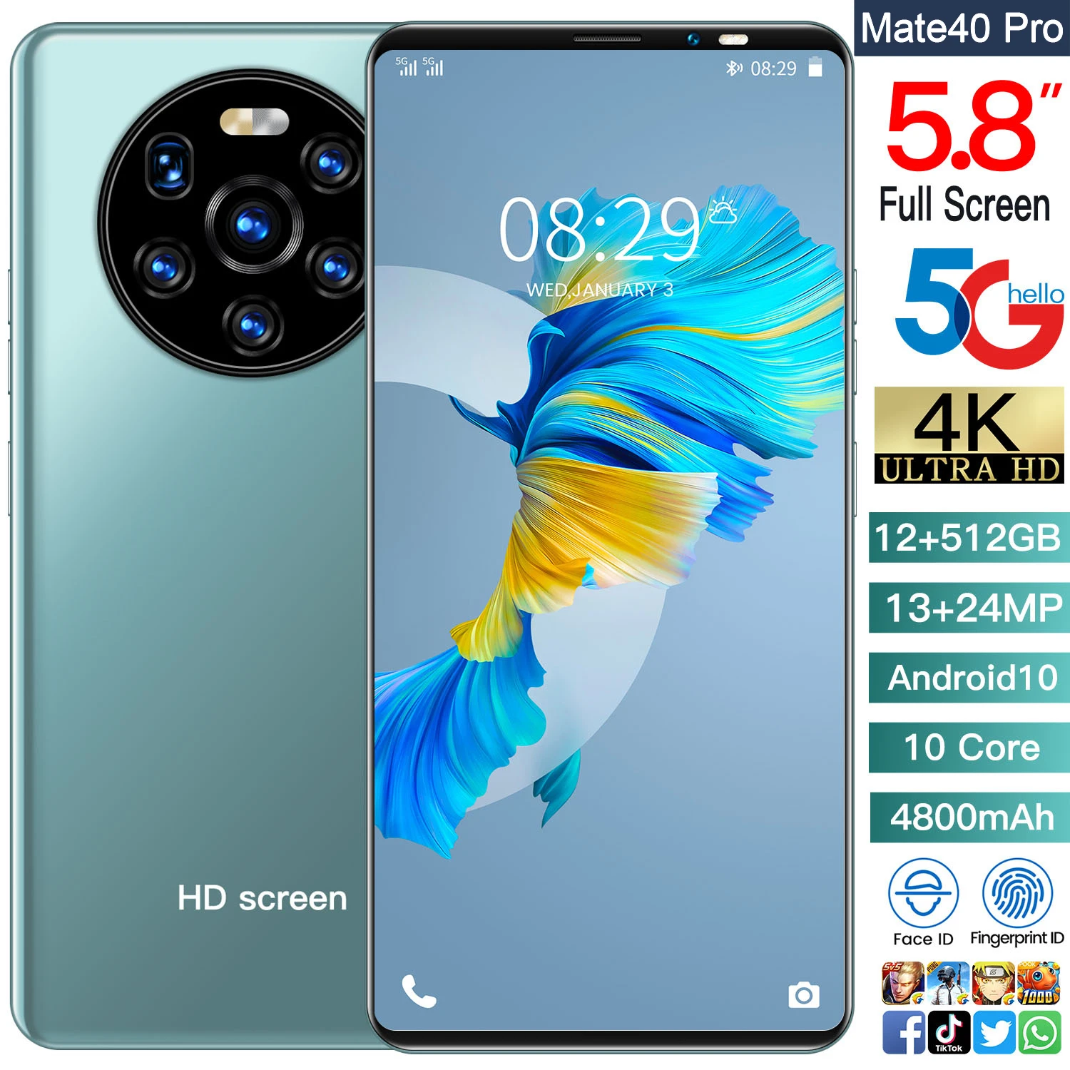 

Newest HUAWE Mate40 Pro 5.8 Inch Global Version Smartphone 12GB 512GB 4k HD Screen Deca Core 4800mAh Dual Sim Card Mobile Phone