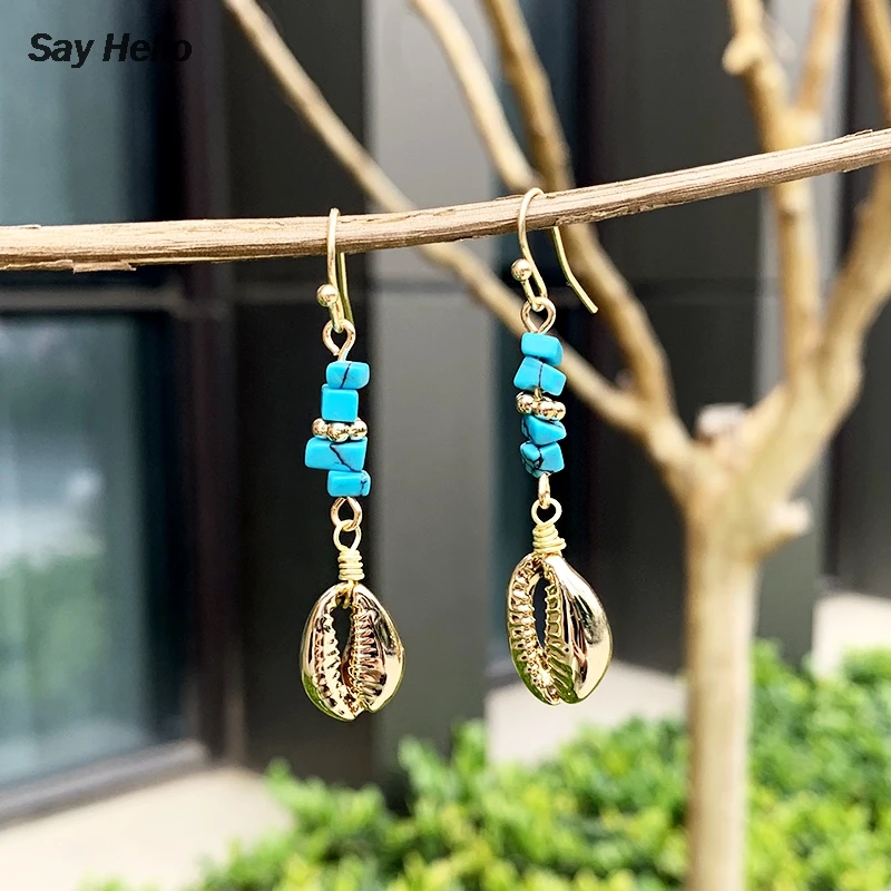 SAY HELLO Boho Marine Shell Handmade Stone Ethnic Turquoises Dangle Earrings Classic Metal Jewelry Gift Women B0407 | Украшения и