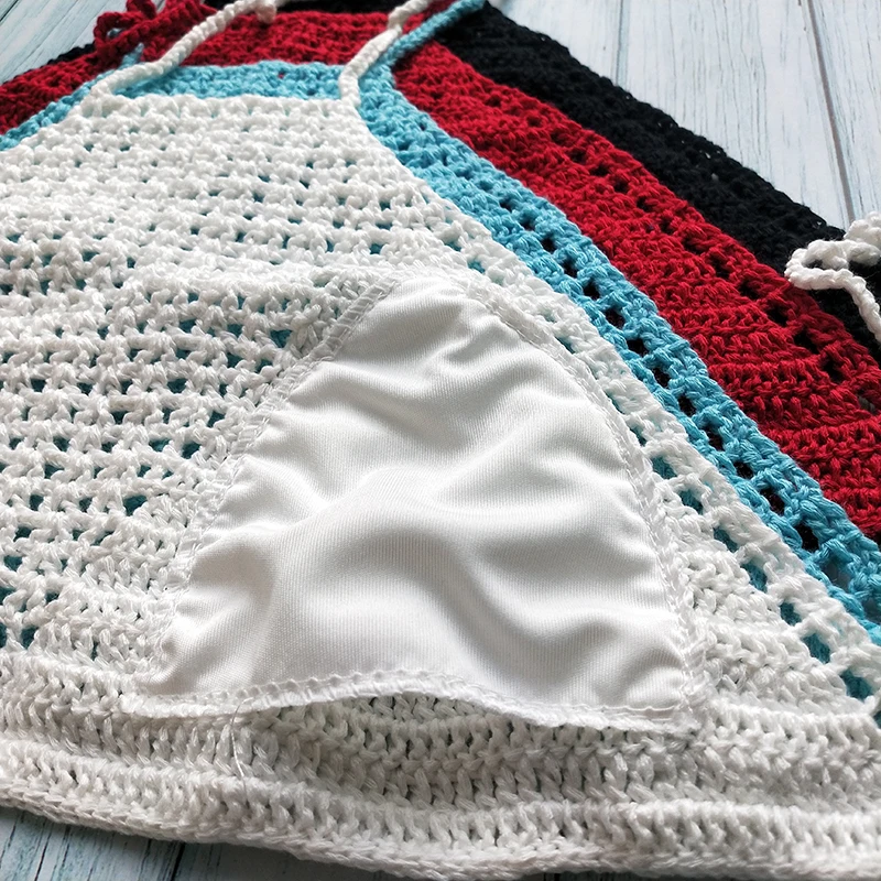 Have Lining Sexy Swimwear Bikini Top Women's Push Up Bra Crochet Hollow Out Halter Knitted Swimsuit Bikinis |