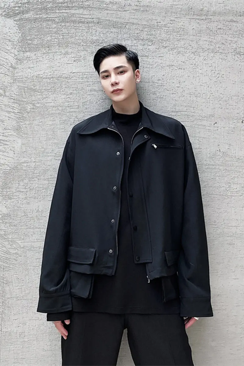 

IEFB /men's wear Autumn New pocket design short style jacket male's all-match workwear zipper big size coat lapel clothes 9Y4073