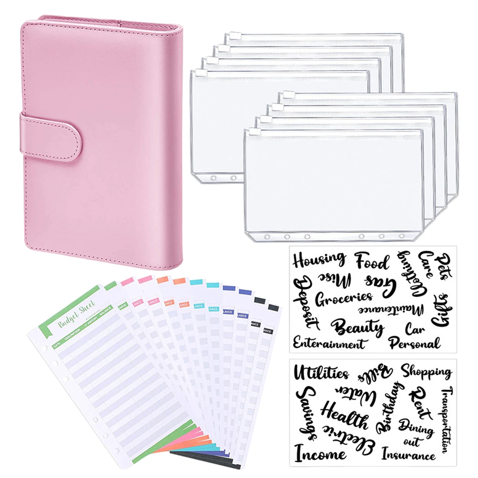 

A6 Binder Zipper Bag Notebook Leather PU Loose-leaf Book Budget Handbook With Zipper Pocket Expense Budget Sheets Letter Sticker