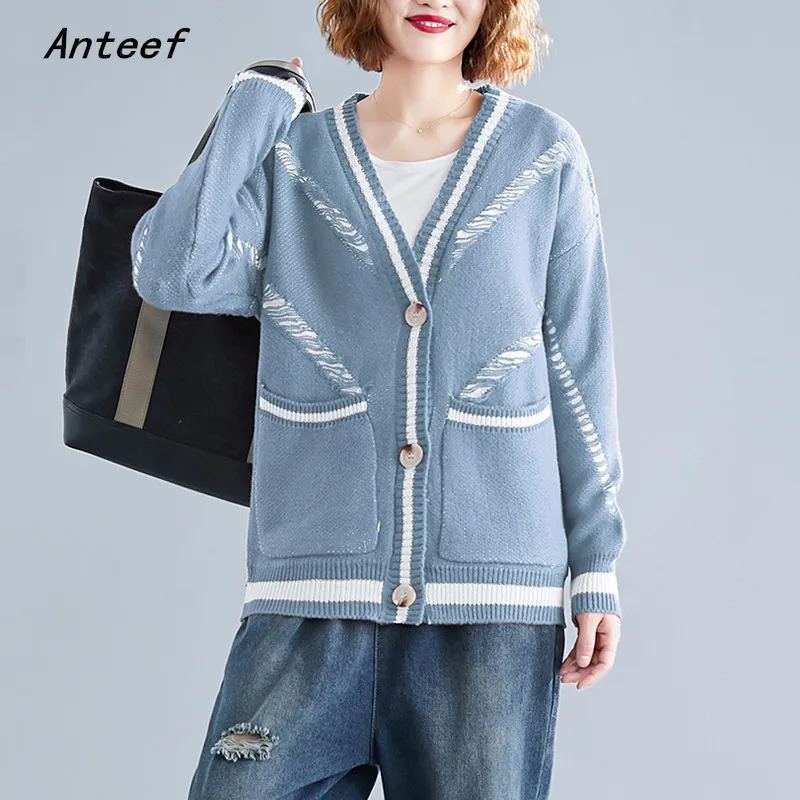 

korean fashion vintage knitted long sleeve tops causal loose oversized autumn winter cardigan sweater women sweaters coat 2021