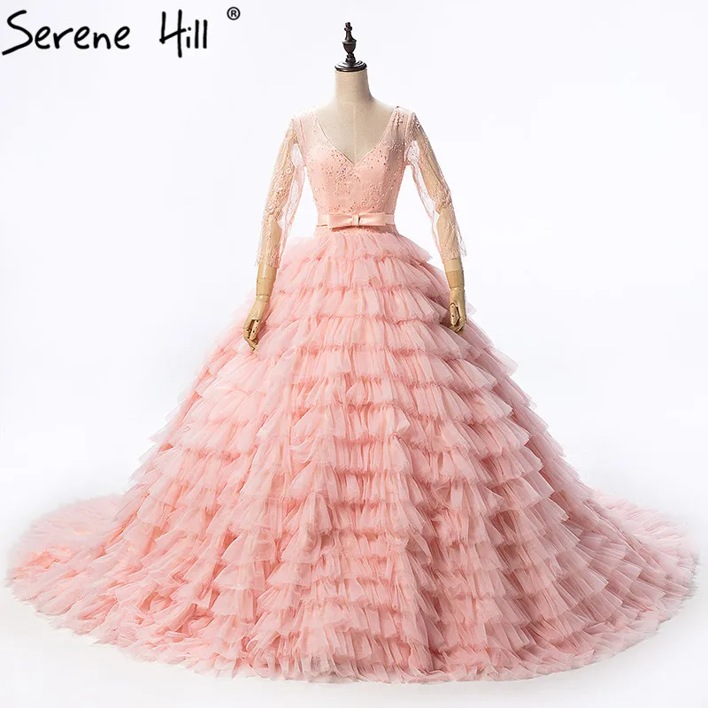 Персиковое сексуальное свадебное платье из тюля с длинными рукавами расшитое