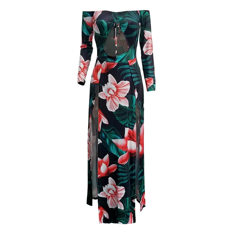 Женское длинное платье макси с открытыми плечами летнее облегающее цветочным
