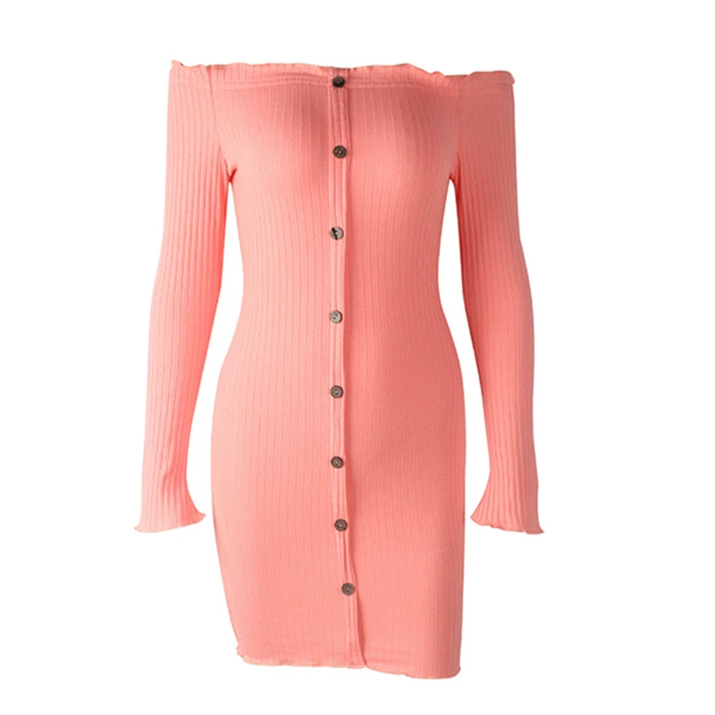 

Dress Summer Women Casual Off Shoulder Wrap Pencil Dress Ladies Solid Single-breasted Button Neck Full Sleeve Mini Dresses
