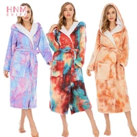 hnmchief 3d multicolor tie dye hooded bathrobe ladies 2020 winter coral velvet night robe thick long pajamas women leisure robes