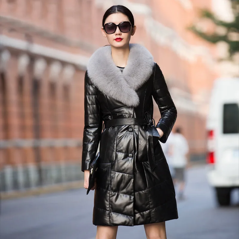 

Geniune Leather Down Coat Women Sheepskin Leather Fox Fur Collar Jacket Plus Size Streetwear HQ16-YFG1187B MF152