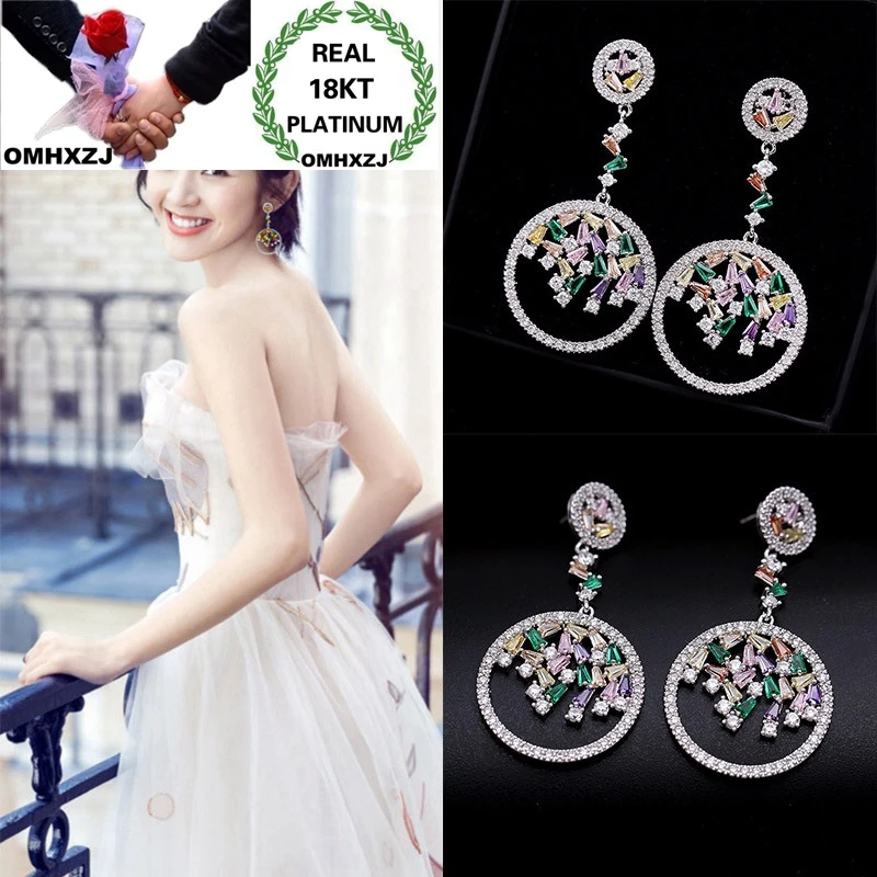 

OMHXZJ Wholesale European Fashion Woman Party Birthday Wedding Gift Round Colorful Zircon 18KT White Gold Stud Earrings EA513