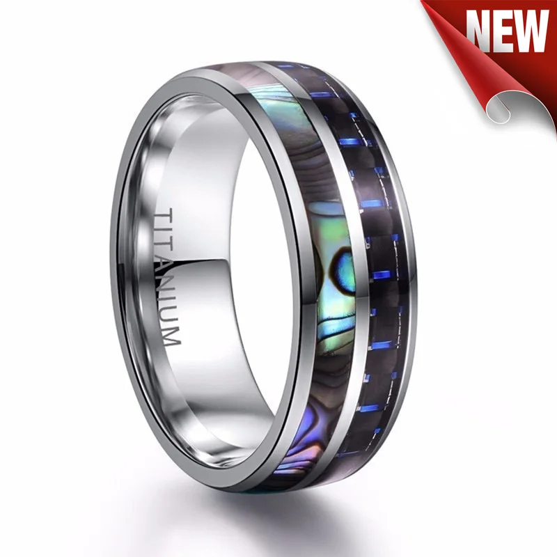 

FDLK Luxury 8mm High Polished Inlay Abalone Shell & Carbon Fiber Ring Men's Stainless Steel Wedding Jewelry Size 6-13