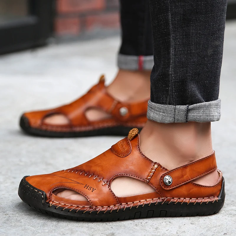 

Brand Men's Sandals Summer Genuine Leather Men's Shoes Soft Comfortable Outdoor Male Beach Slippers Slip-ON Men's Sandals