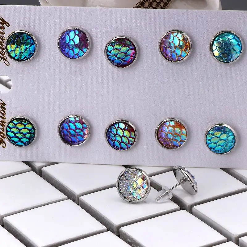 

6 Pairs Beauty Fish Scale Round Crystal Assorted Stud Earrings Set Women Jewelry