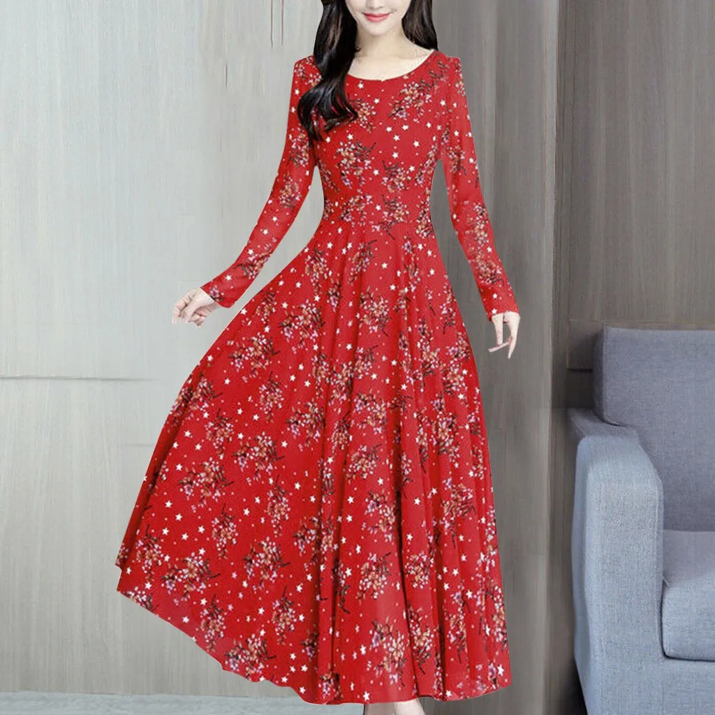 

Floral Print Dress Women Korean Spring Autumn Long Maxi Boho Dress O-Neck Long Sleeve Chic Vintage Party Dresses Plus Size 3XL