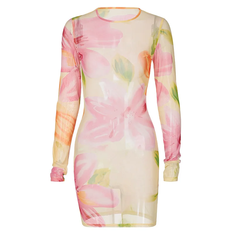 

European and American 2021 New Spring Fashion Printing Sexy Perspective Screen Round Neck Dress For Women