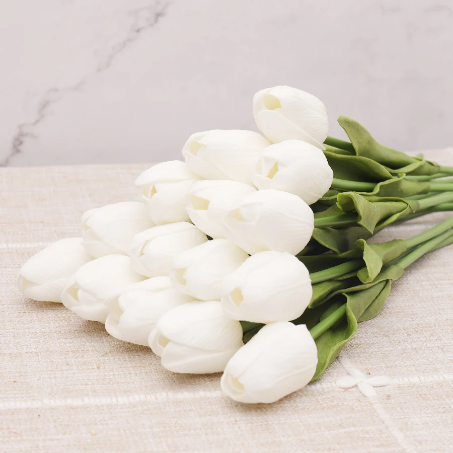 

10pcs PU Bouquet Artificial Flowers Tulips White Latex Real Touch Bedroom Living Room Decoration Fake Flower Home Wedding Decor