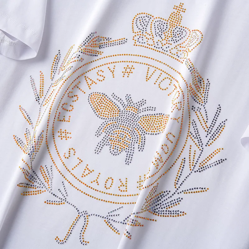 

2021 Bee Rhinestones Mens T Shirts Fashion Streetwear Mercerized Cotton Short Sleeve O Neck Slim Tshirts Man Camiseta De Hombre