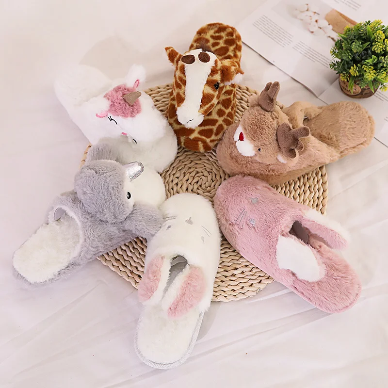 

Rabbit Penguin Unicorn Giraffe Sika Deer Warm Lovely Animal Winter Home Silent Indoor Girl Cotton Slippers