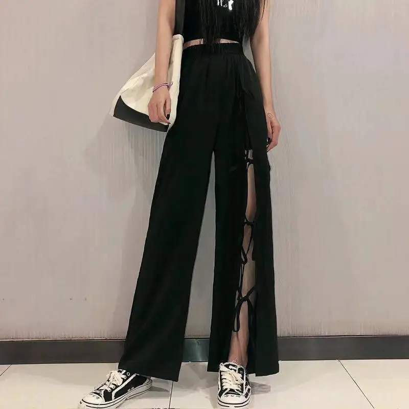 

High Quality Winter Street Style Adult Ladies Elastic High Waist Pants Straight Black Trousers