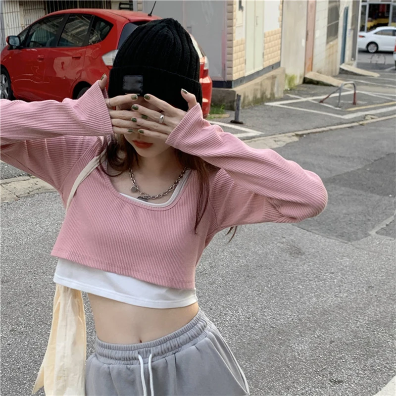 

Autumn Long Sleeve Women T Shirts Slim Tunics Fake Two Fashion Open Shoulder Crop Top Harajuku Casual Hip Hop Streetwear Sports