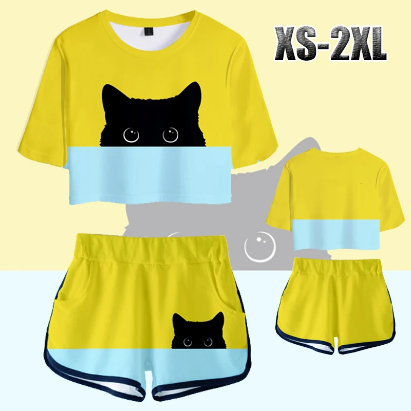 

New XS-XXL Women's Summer Fashion Cute 3D Ladies Suits Sexy Crop Top + Shorts 3D Printing Totoro Two-piece Suit Women's Sets