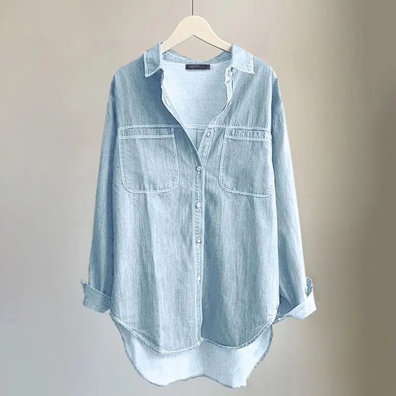

Female Long Sleeve Chemise 2022 Fashion Solid Irregular Hem Tops Women Autumn Denim Blue Shirt ZANZEA Casual Loose Lapel Blouse