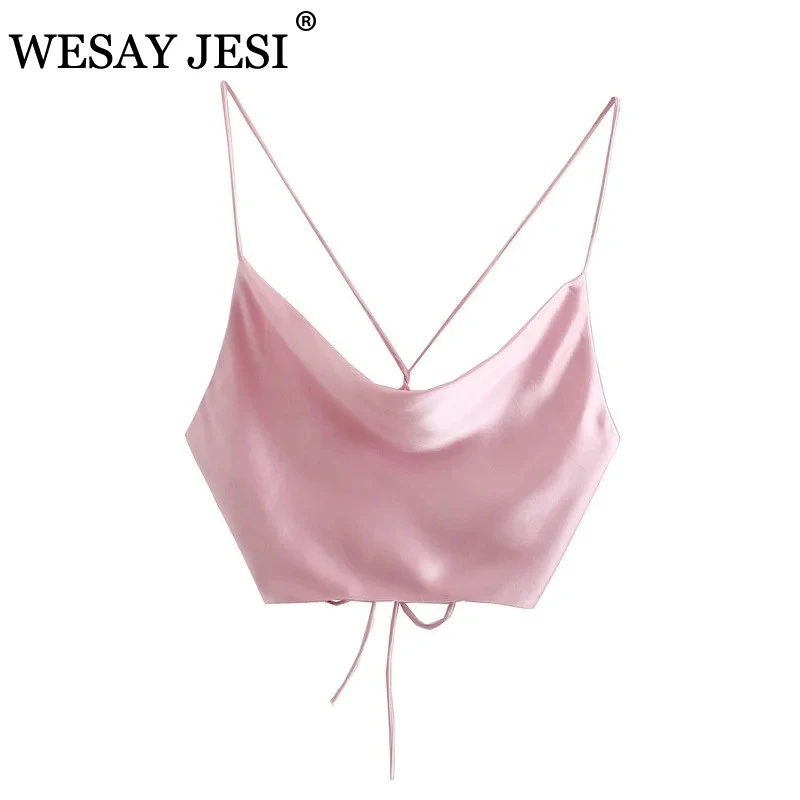 

WESAY JESI Women's Clothing 2021 TRAF Fashion Crop Top Female Summer Sleeveless Sexy Backless Camisole Spaghetti Straps Tanks