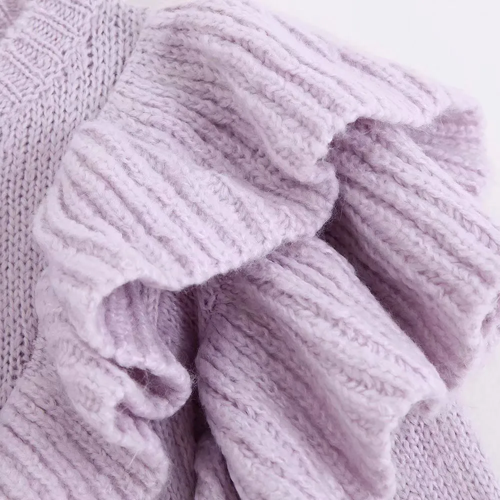 Стильный короткий вязаный женский свитер с оборками 2019 модные милые пуловеры